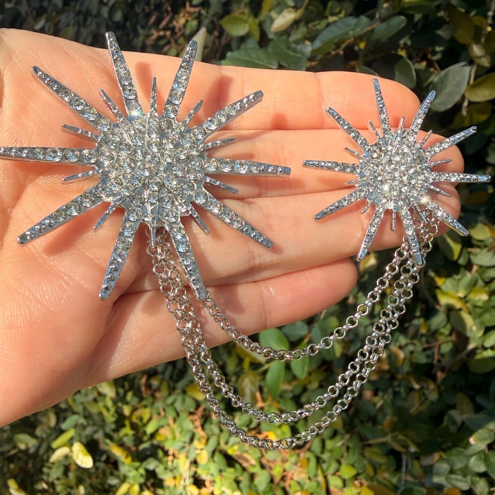 Silver Crystal Starburst Chain Brooch Pin - Picture 3 of 4
